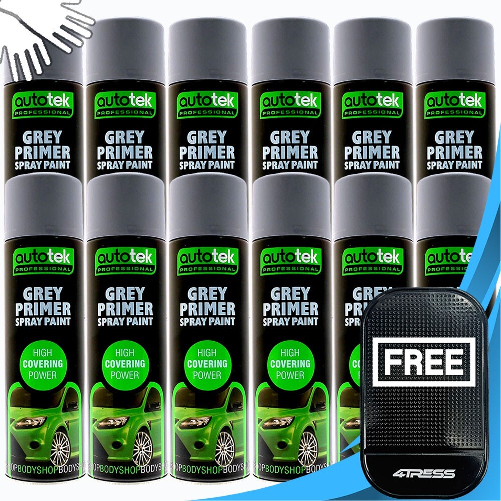 AUTOTEK GREY PRIMER Spray Aerosol Professional Fast Drying Paint 12 x 500ml+G+M