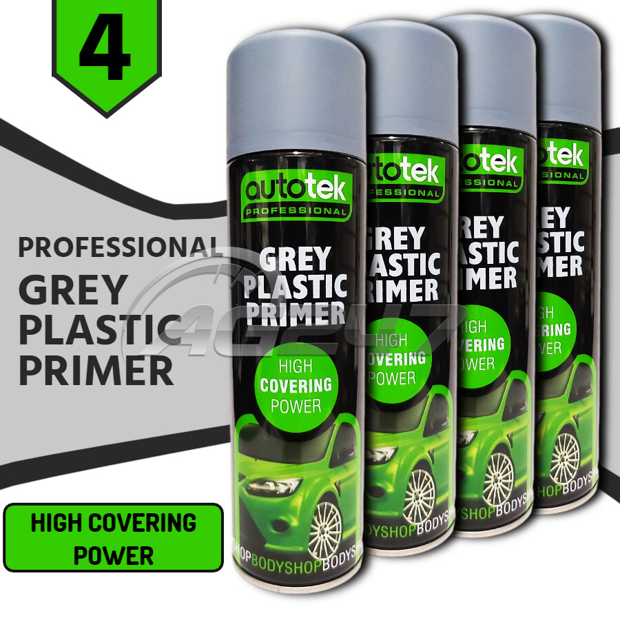 4x 500ml AUTOTEK Professional Fast Drying Grey Plastic Primer Spray Aerosol+G+M