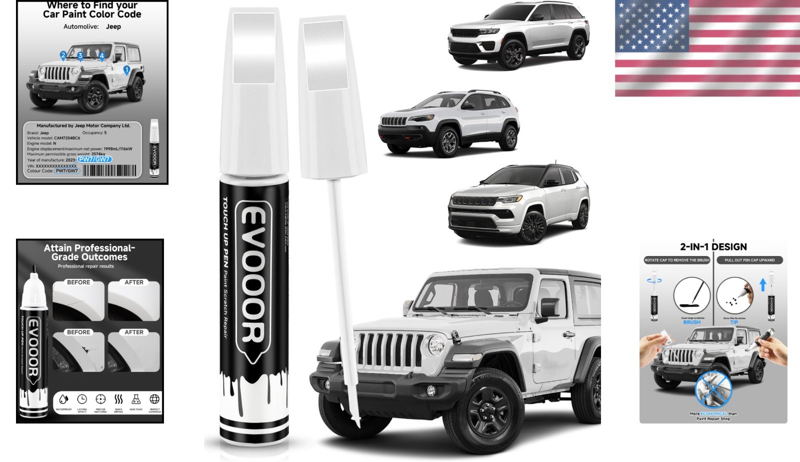 PW7/GW7 Bright White Touch Up Paint Compatible with JeepExact Match 2 in 1 To…