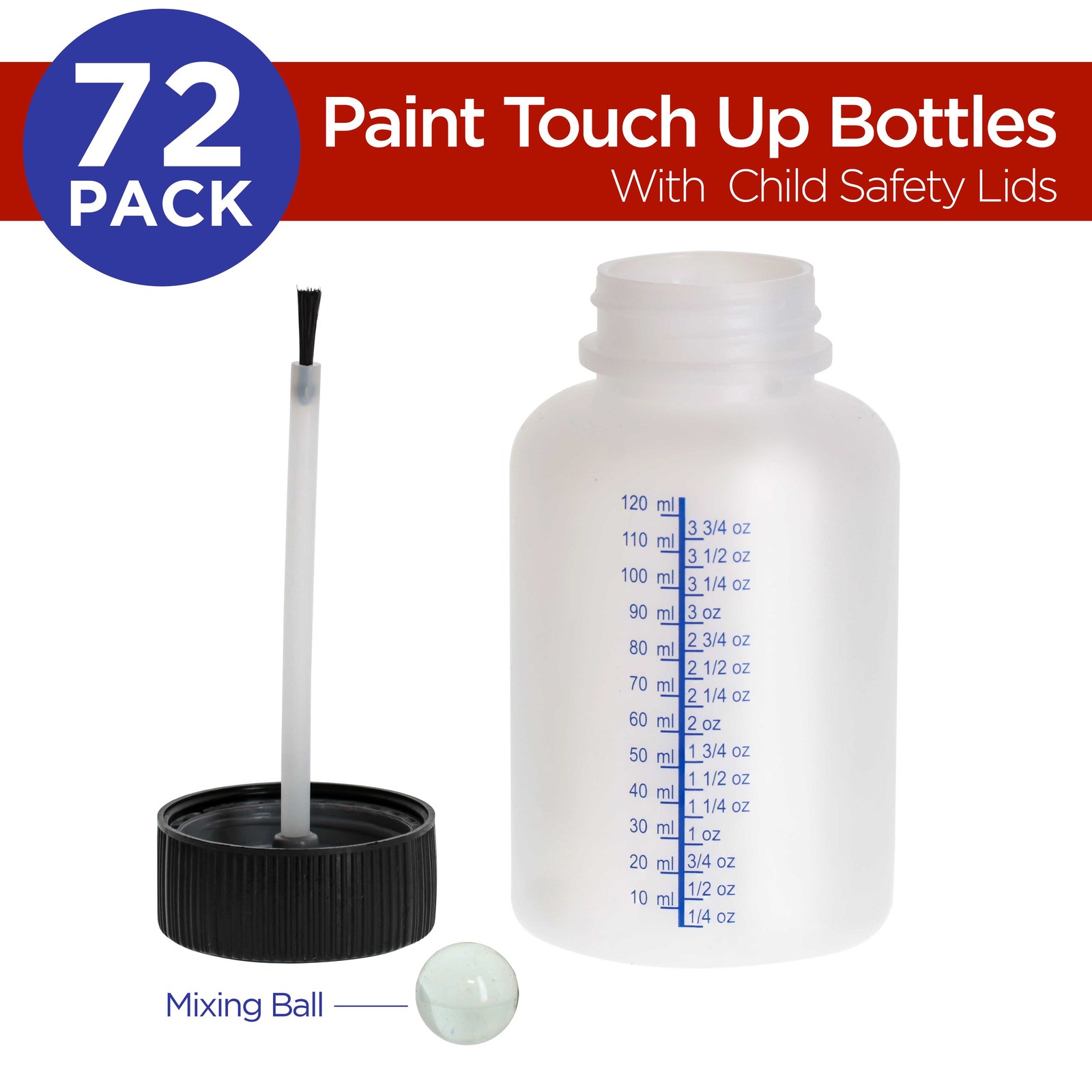 72 Paint Touch-Up Bottles, 4.5 oz Fluid Capacity, Mixing Ball, Brush, Auto Paint