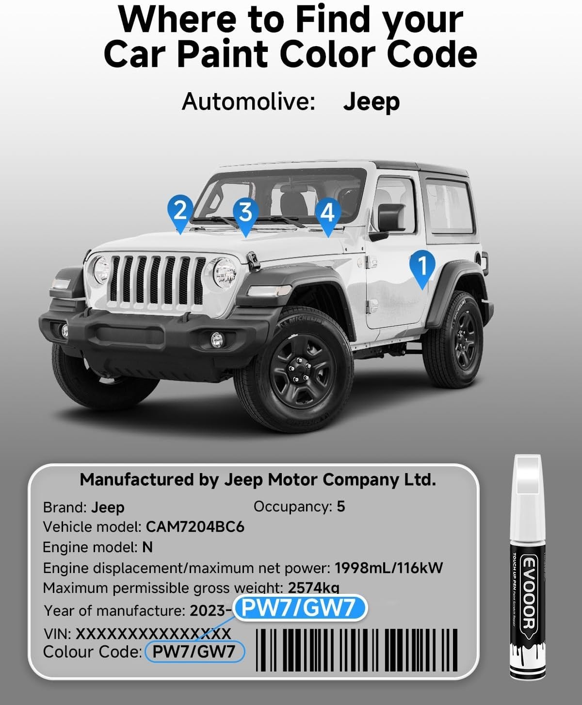 PW7/GW7 Bright White Touch Up Paint Compatible with JeepExact Match 2 in 1 To…