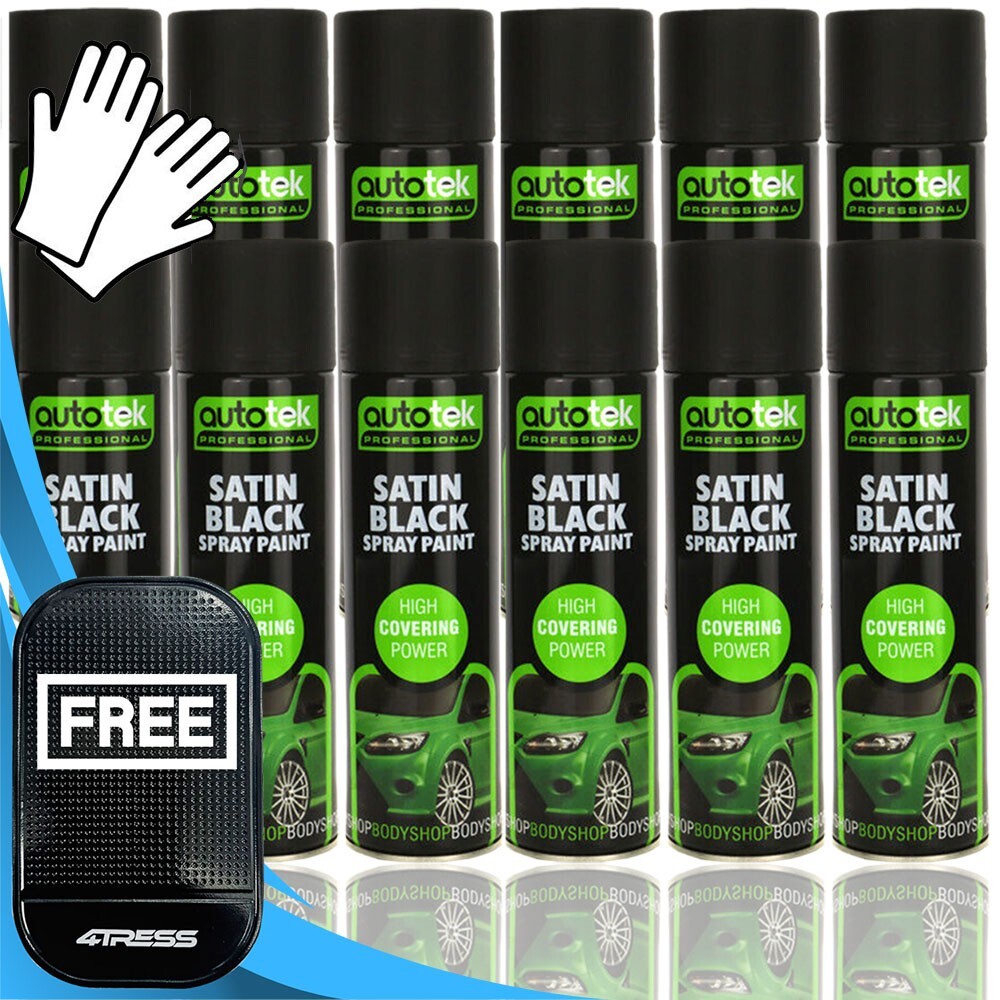 12 x 500ml AUTOTEK Professional Satin Black Spray Paint Aerosol Can+Gloves+M