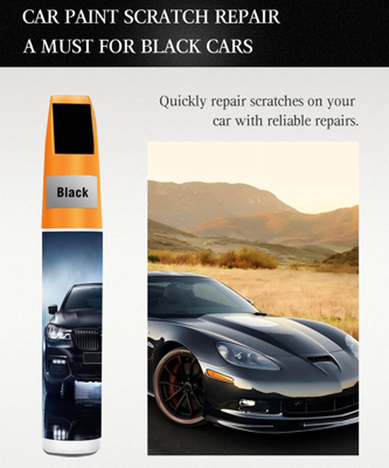 Black Car Touch Up Paint Pen 2-in-1 Gloss Automotive Scratch Repair Kit 0.4oz