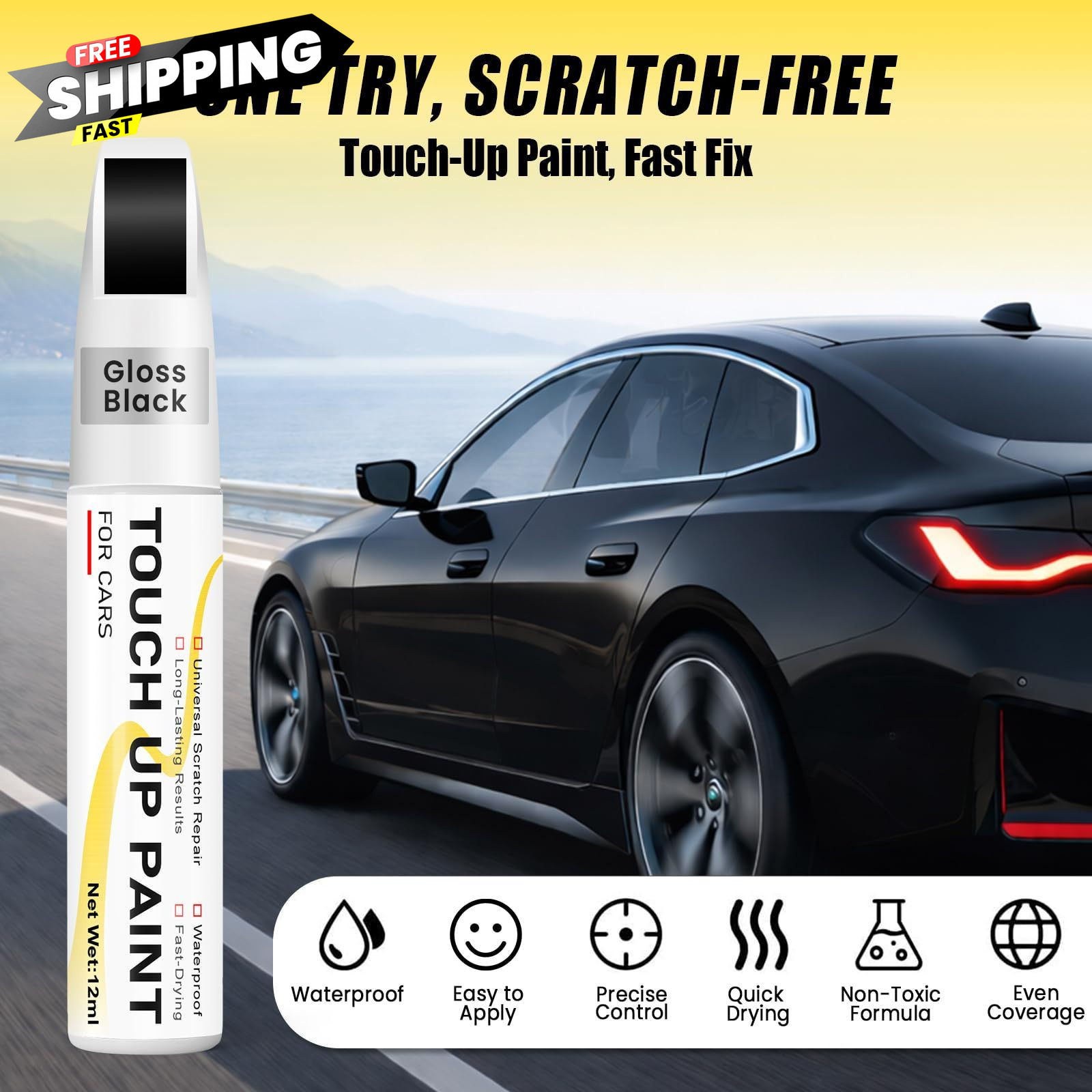 Gloss Black Touch Up Paint for cars, 2-in-1 0.4 Fl Oz (Pack of 1),