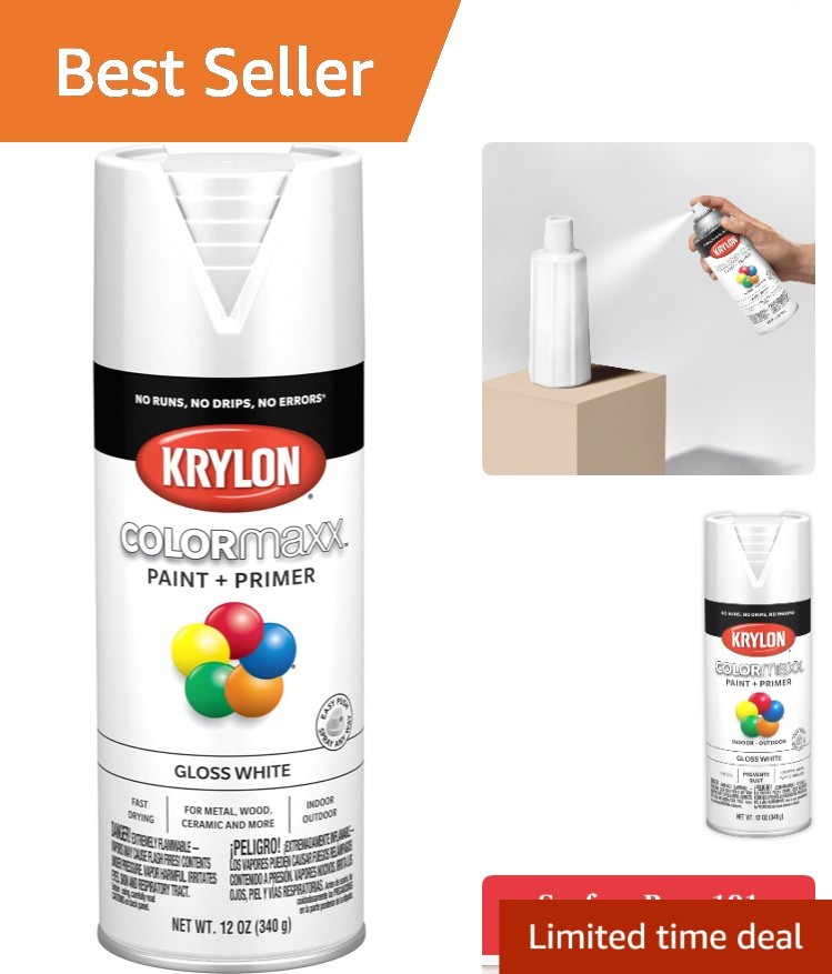 K0007 COLORmaxx Quick Dry Gloss White Spray Paint & Primer, 12 Oz Can – Easy Use