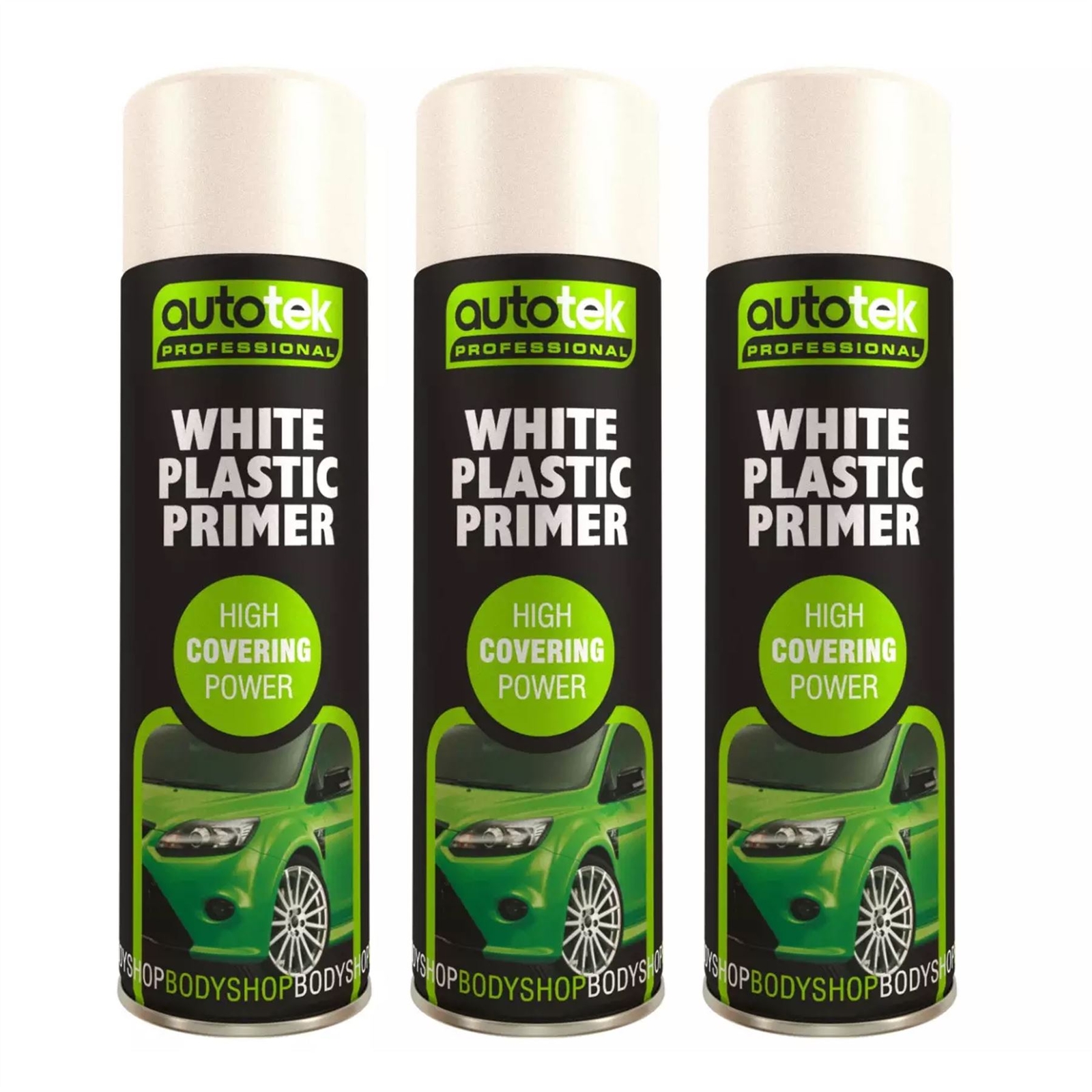 AutoTek White Plastic Primer Multi-Purpose Aerosol Spray Paint 500ml x3