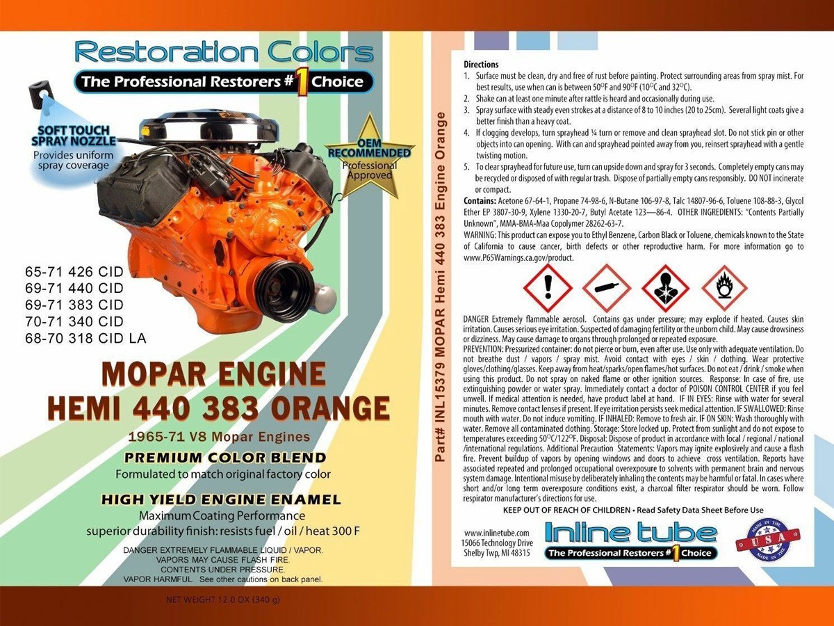 65-71 Mopar Dodge High Temp Engine Enamel Hemi 440 383 Orange Spray Paint 1can