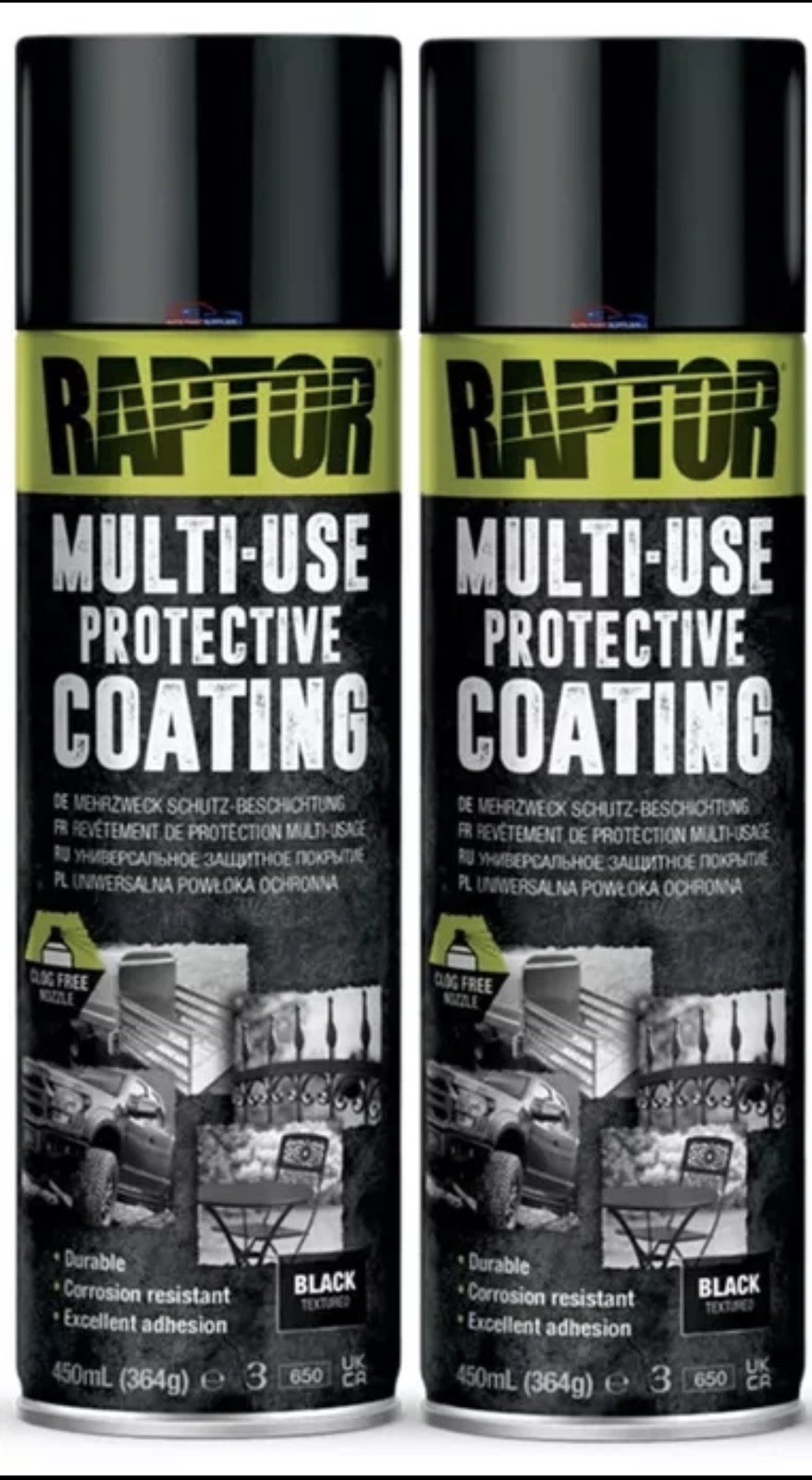 2x UPOL RAPTOR 1K MULTI-USE RMUB/AL PROTECTIVE COATING AEROSOL 450ML – BLACK