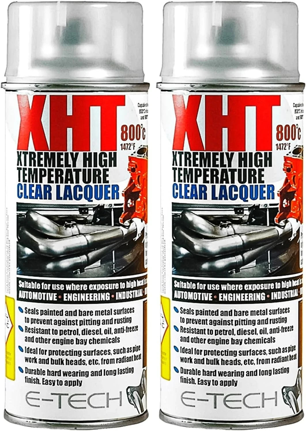 2 x E-TECH Clear Lacquer XHT High Temp Spray Paint 650°C Heat Resistant 400ml