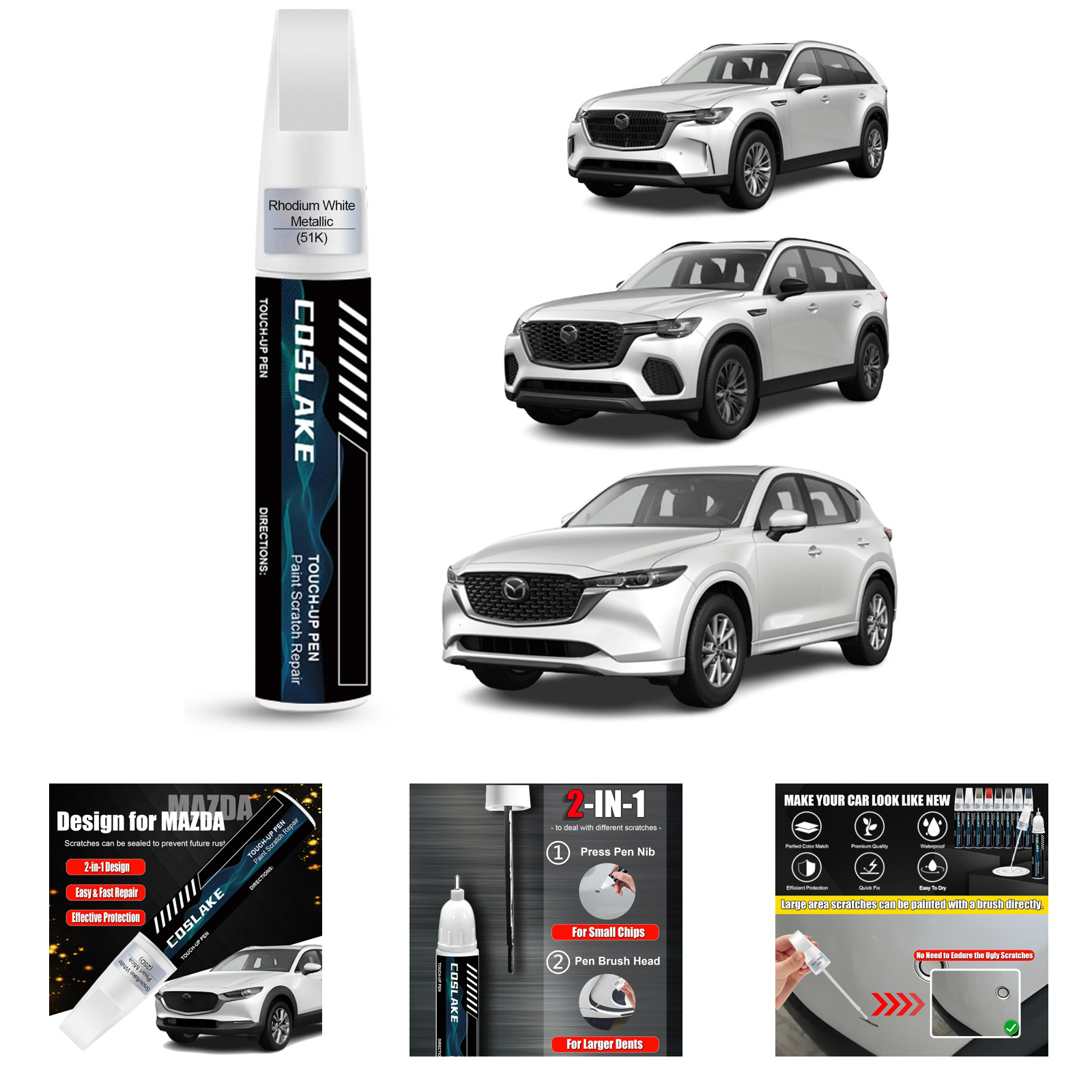 Car Touch Up Paint Rhodium White Metallic 51K for Mazda Scratch Repair Kit, 2 in