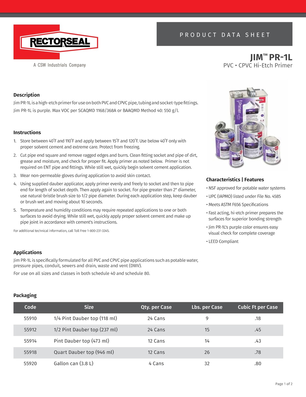 Rectorseal 55910 Pr1L 1/4 Pint Purple Low Voc Hi-Etch Pvc And Cpvc Primer