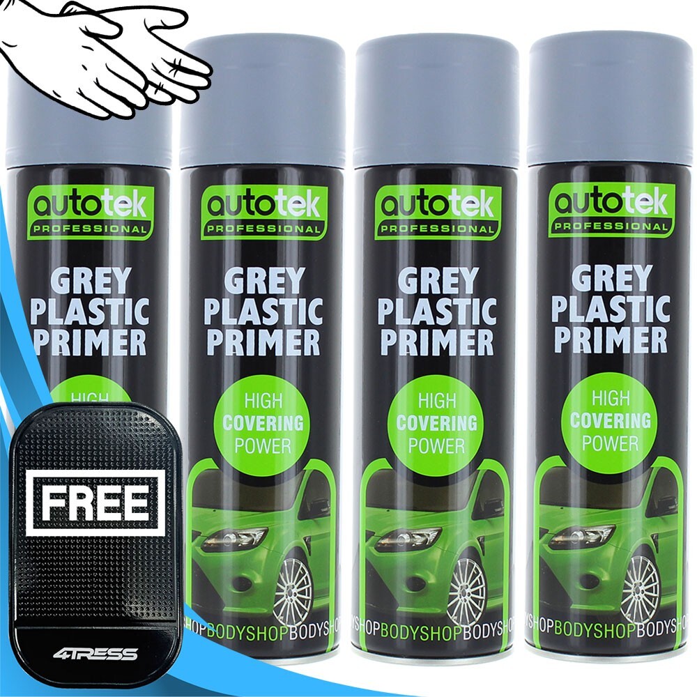 4x 500ml AUTOTEK Professional Fast Drying Grey Plastic Primer Spray Aerosol+G+M