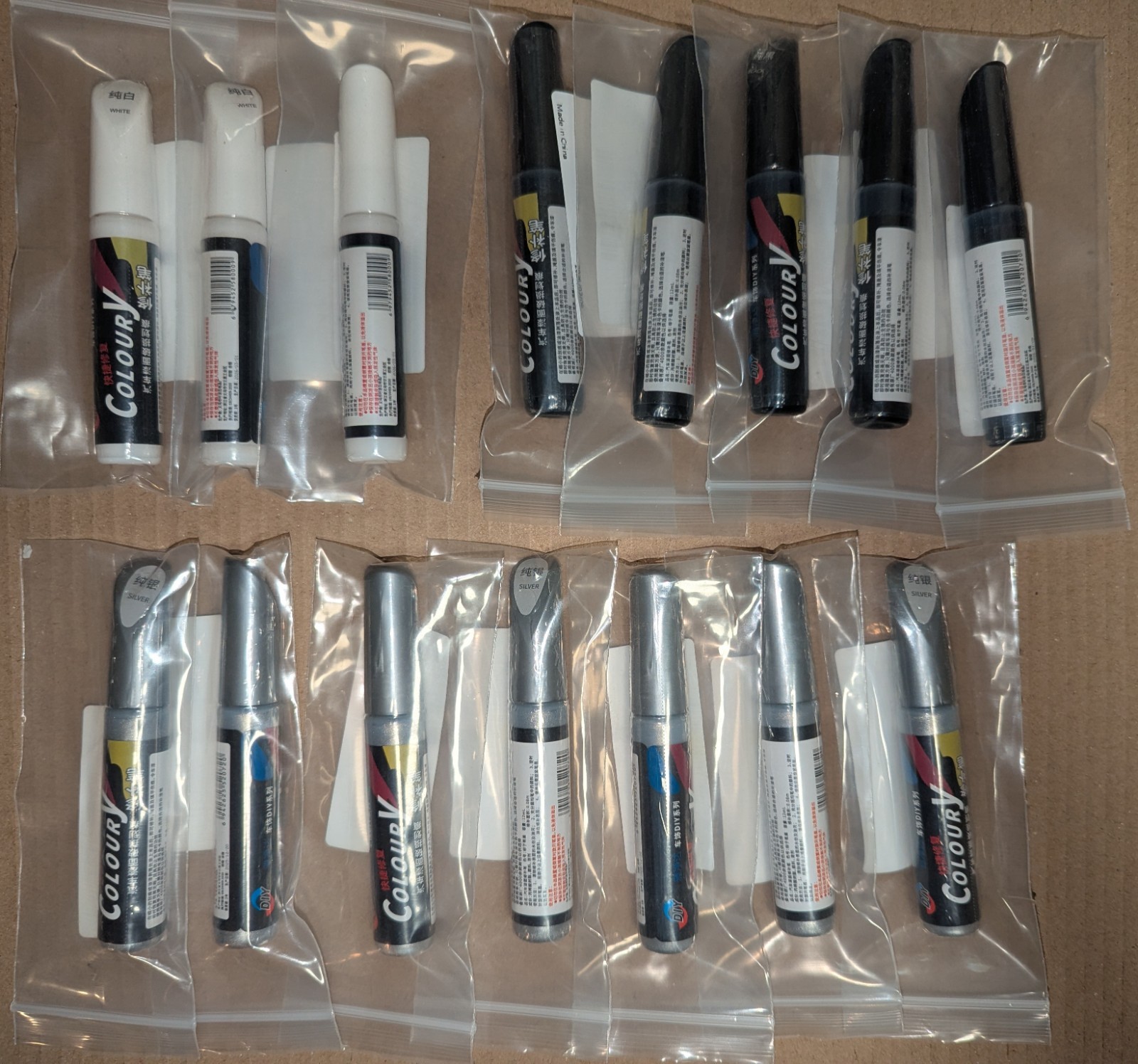 15 Car Touch Up Paints Scratch Repair – Mixed Lot (3 White+5 Black+7 Silver)