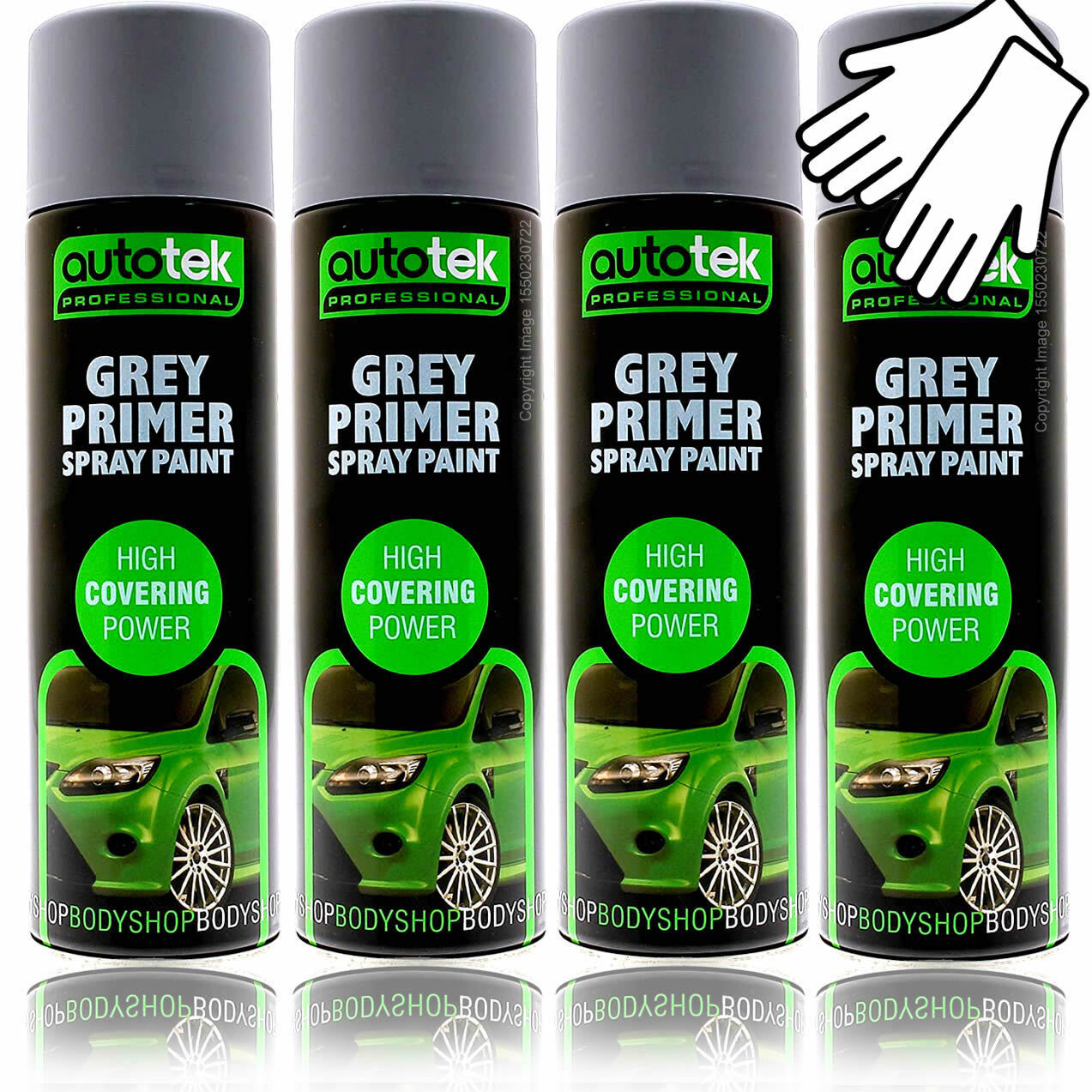 AUTOTEK GREY PRIMER Spray Aerosol Professional Fast Drying Paint 4 x 500ml+Gl+M