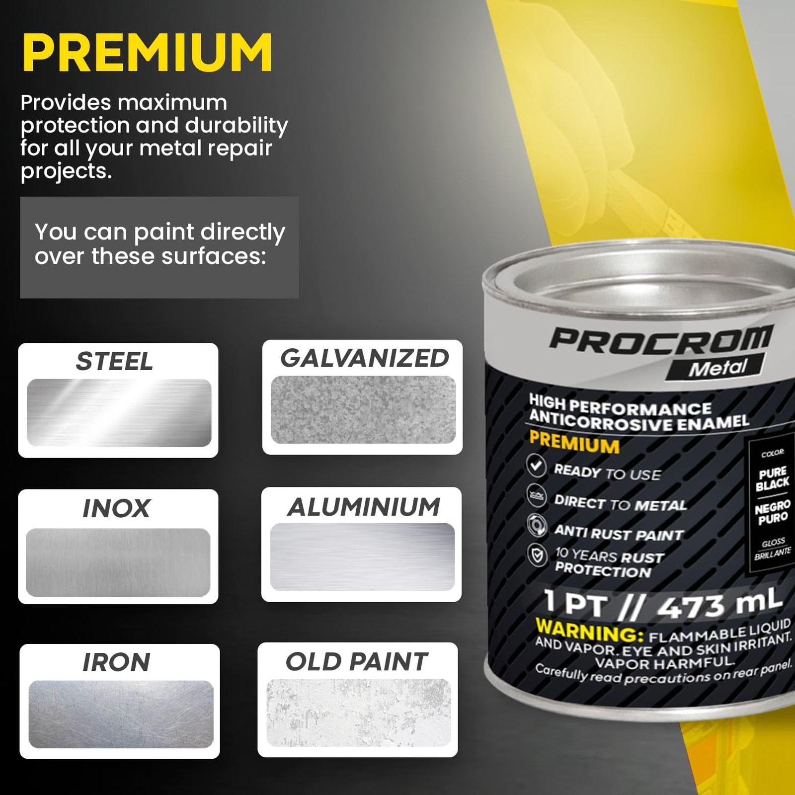 Metal Paint Gloss Pure Black Pint Direct to Metal Indoor Outdoor Rust Protection