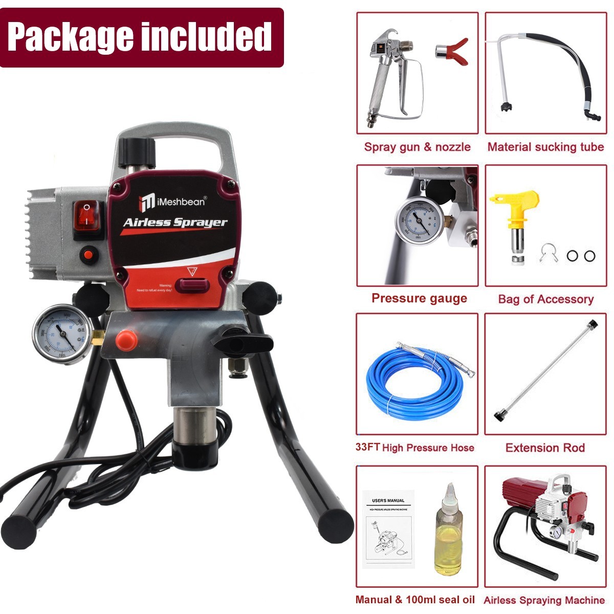 2.5HP Electric Airless Paint Sprayer High Efficient 3300PSI W/Extension Rod 220V