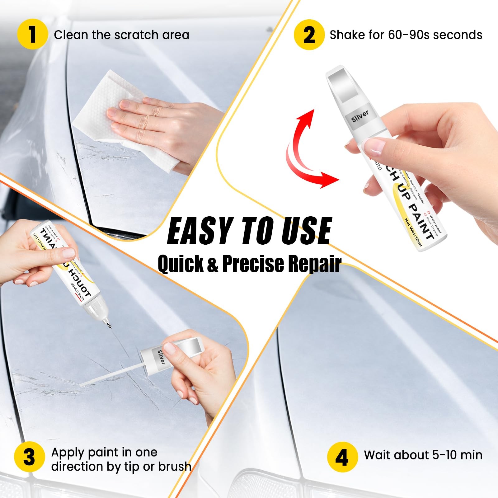 Silver Touch Up Paint for Cars, 2-in-1 Brush & 0.4 Fl Oz (Pack of 1),