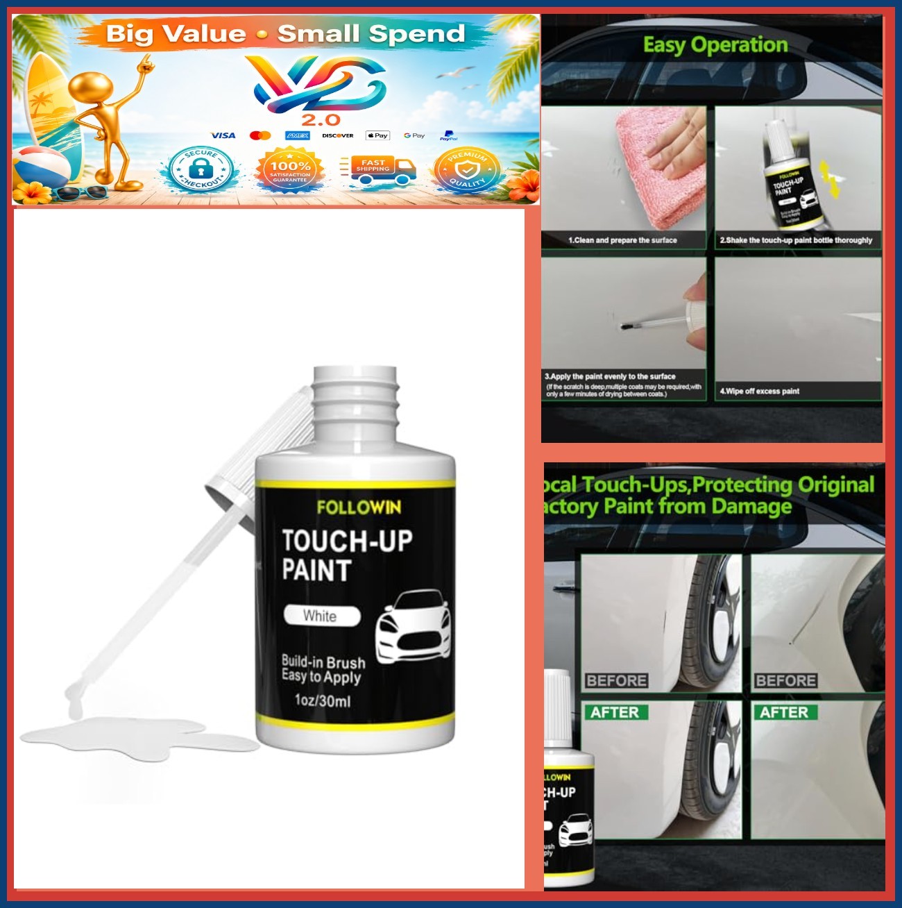 White Touch Up Paint for Cars Scratch Repair Built-In Brush Low Odor 1 fl oz