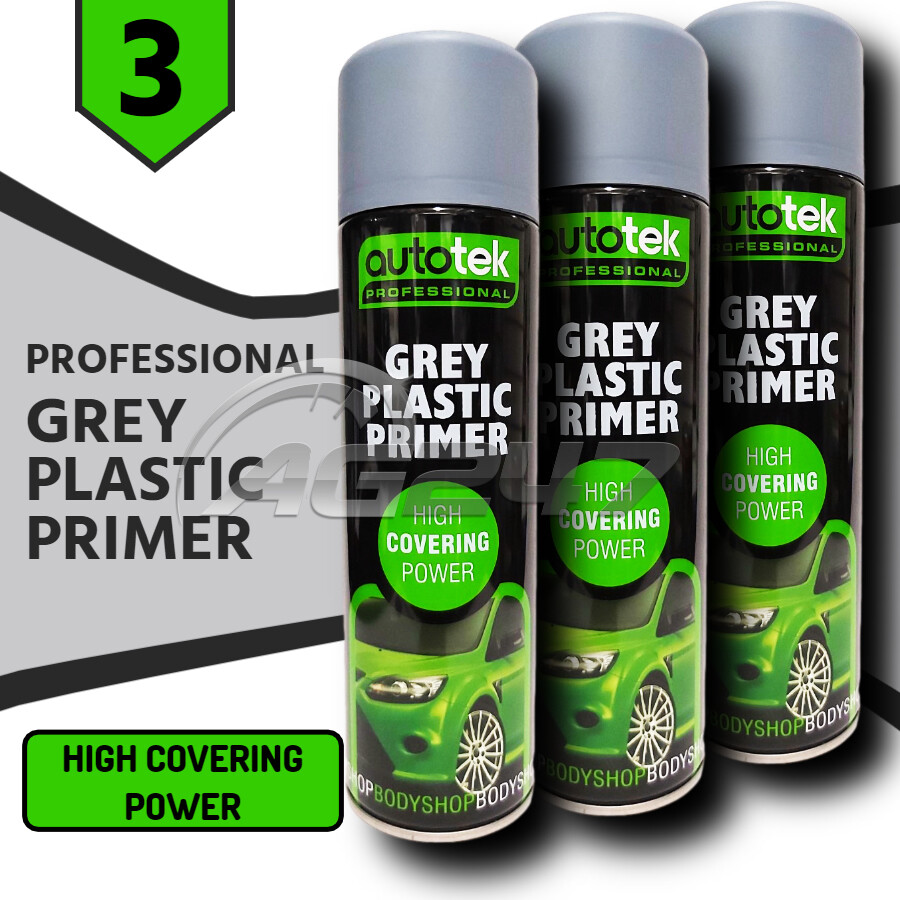 3x 500ml AUTOTEK Professional Fast Drying Grey Plastic Primer Spray Aerosol+G+M