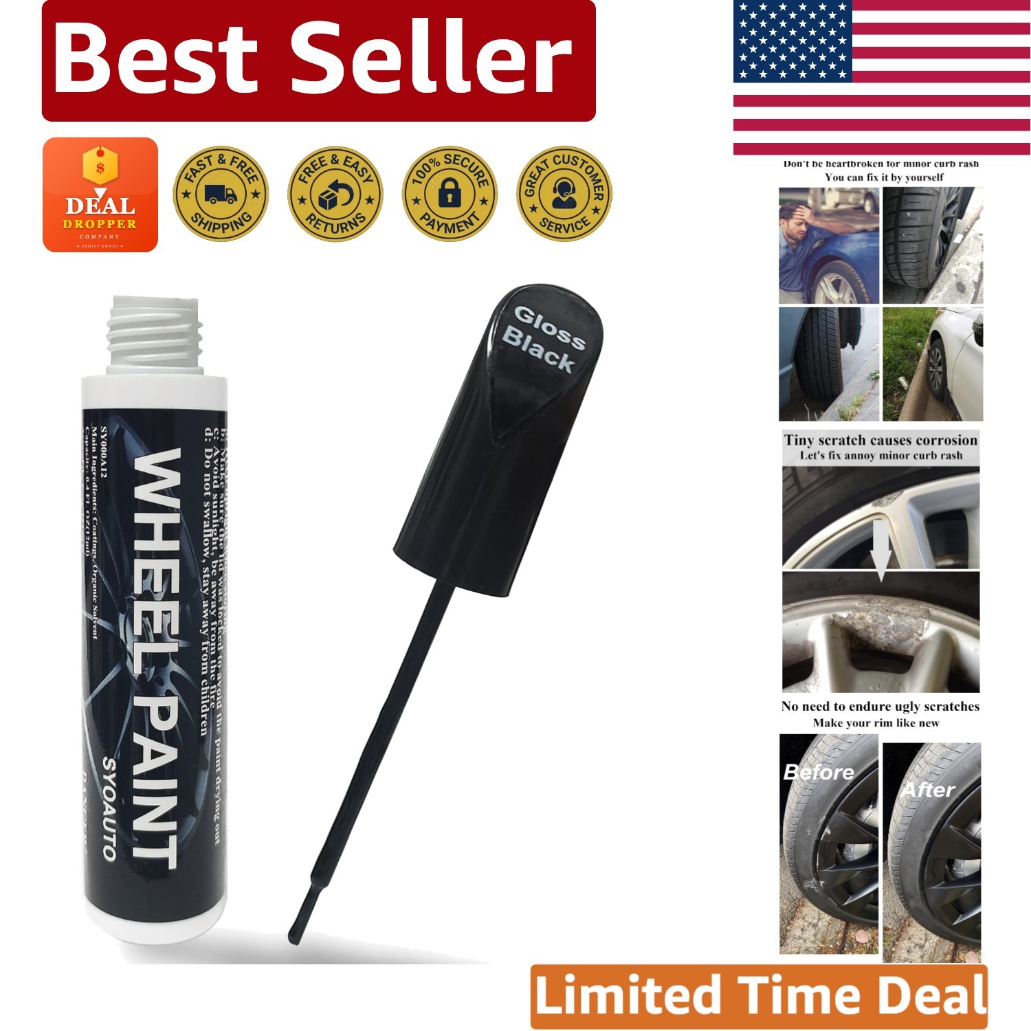 Car Wheel Scratch Repair Paint Pen – Gloss Black, Rust Resistant & Waterproof