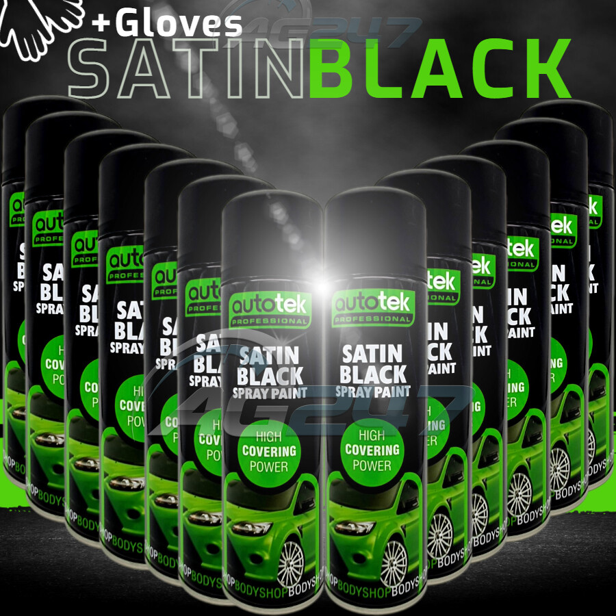 12 x 500ml AUTOTEK Professional Satin Black Spray Paint Aerosol Can+Gloves+M