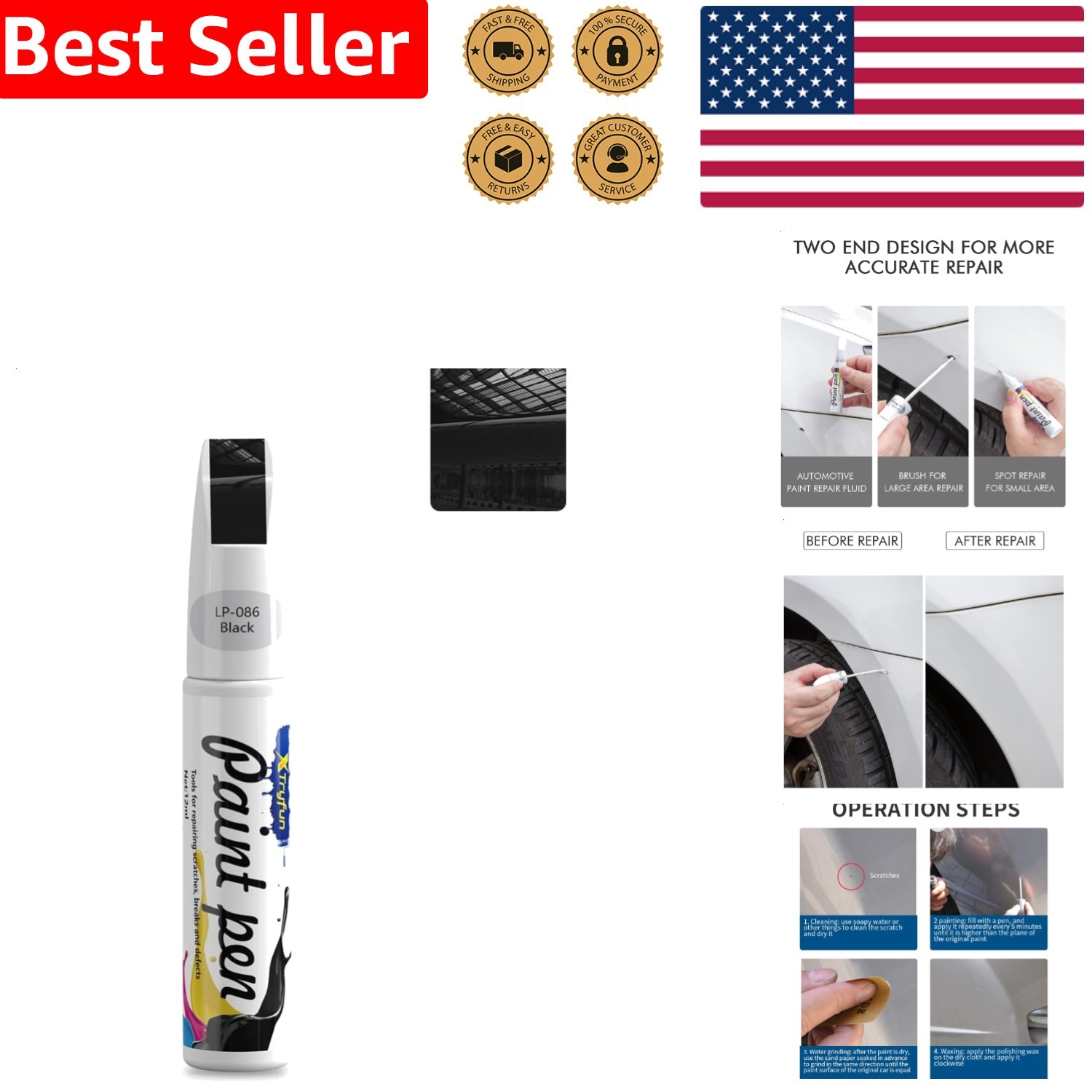 Black Auto Touch Up Paint Pen Rust Resistant Waterproof Car Repair Kit