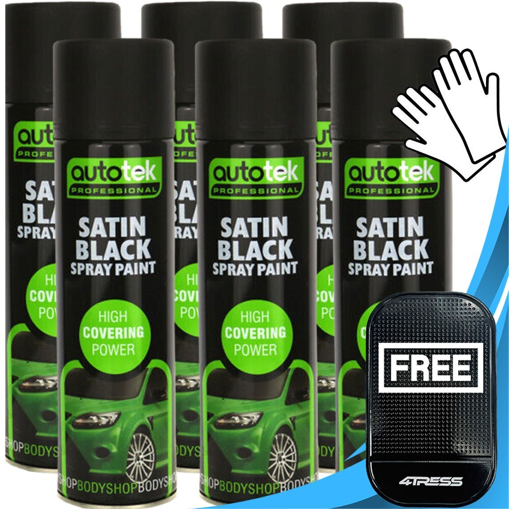 6 x 500ml AUTOTEK Professional Satin Black Spray Paint Aerosol Can+Gloves+M