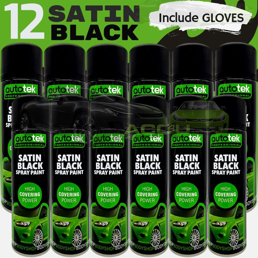 12 x 500ml AUTOTEK Professional Satin Black Spray Paint Aerosol Can+Gloves+M