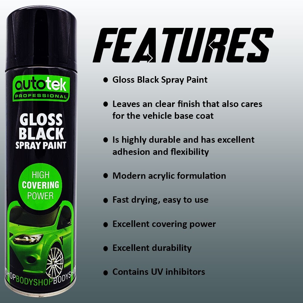 12 x Autotek GLOSS BLACK Spray Paint Professional High Covering Power Cans +G+CP