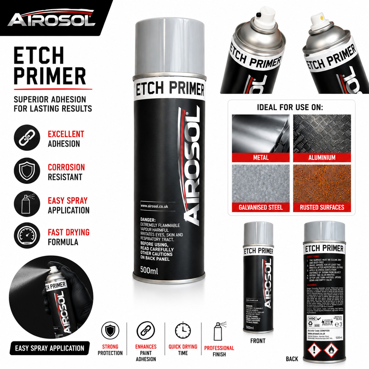 12 x Etch Primer Aerosol Spray 500ml Bare Metal Car Adhesion Promoter 12 Pack