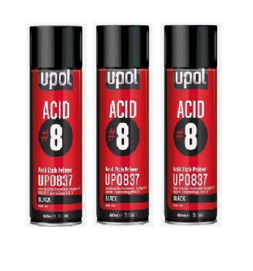 U-POL 837 Acid #8 Black 1K Etch Primer Auto Body Aerosol Spray 450 ml (3 Pack)