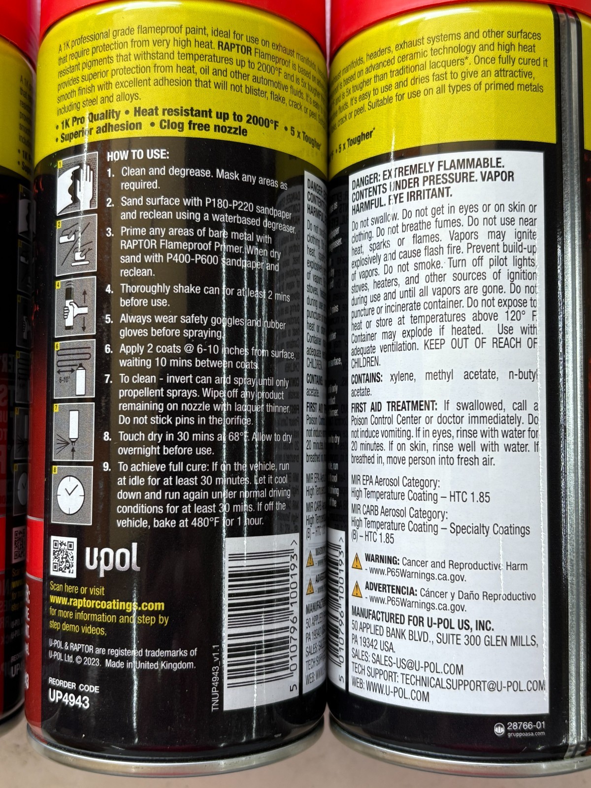 (3) UPOL RAPTOR UP4943 FLAT RED 1K PRO FLAME PROOF 10 oz SPRAY CANS UP TO 2000º