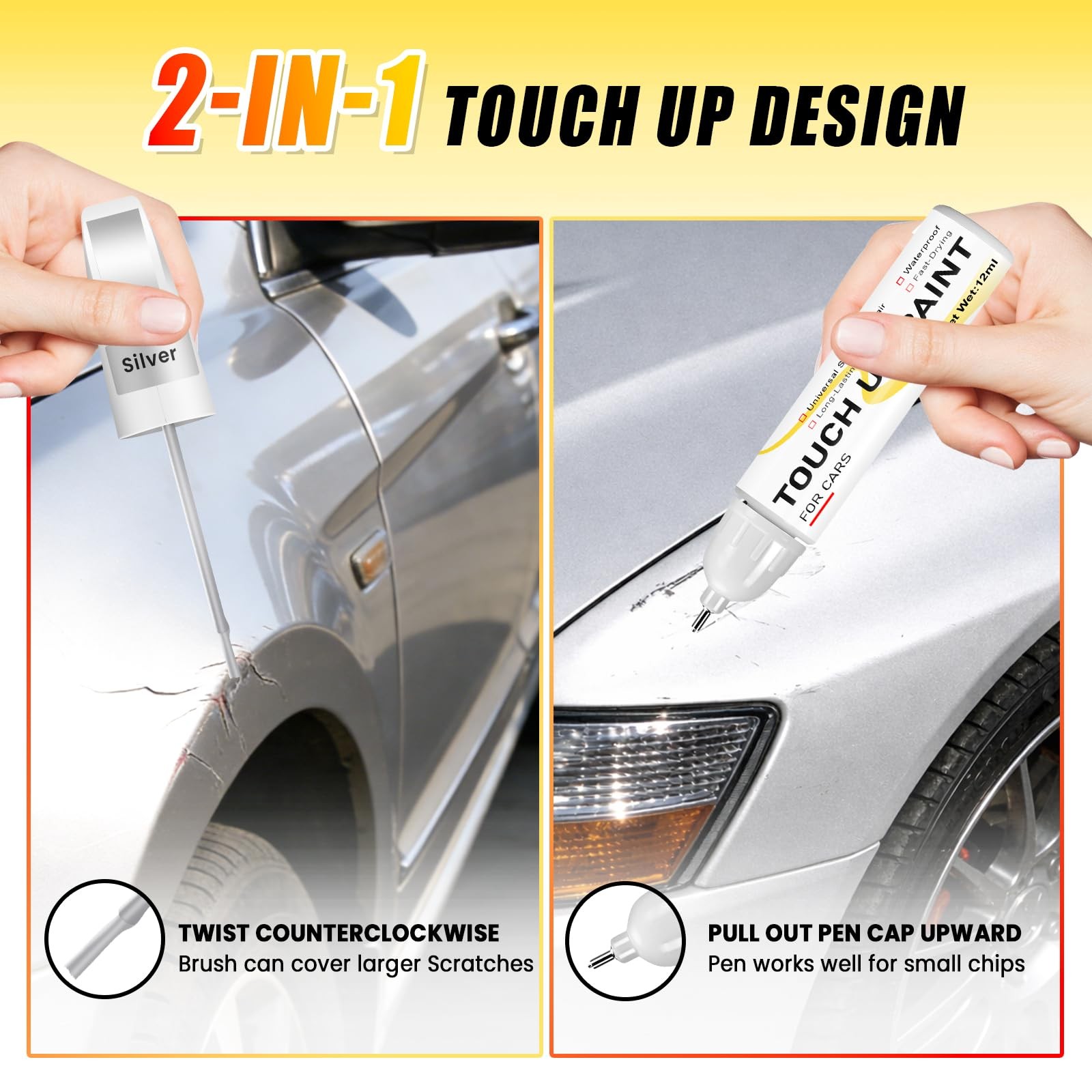Silver Touch Up Paint for Cars, 2-in-1 Brush & 0.4 Fl Oz (Pack of 1),