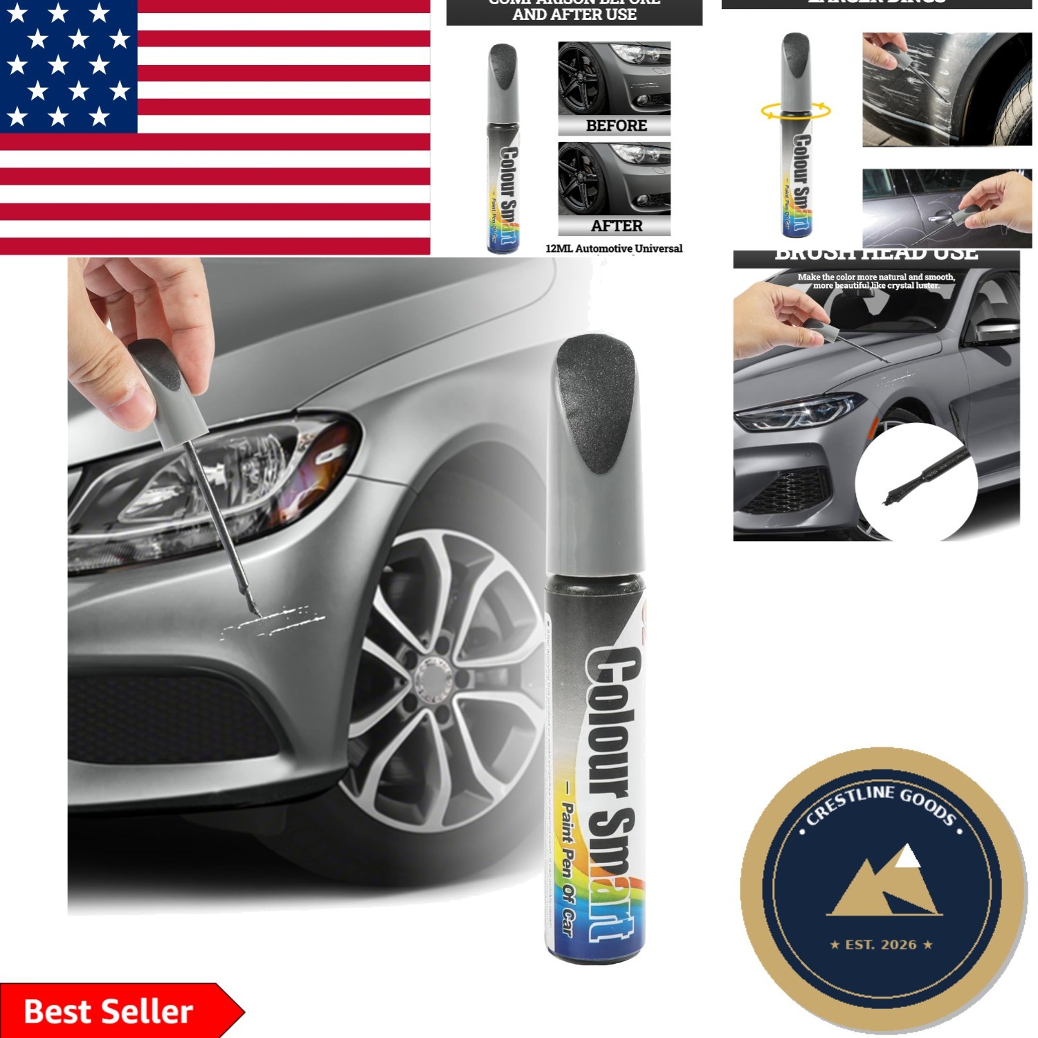 Soft Brush Car Scratch Remover Pen – Waterproof Touch Up for Metal Surfaces