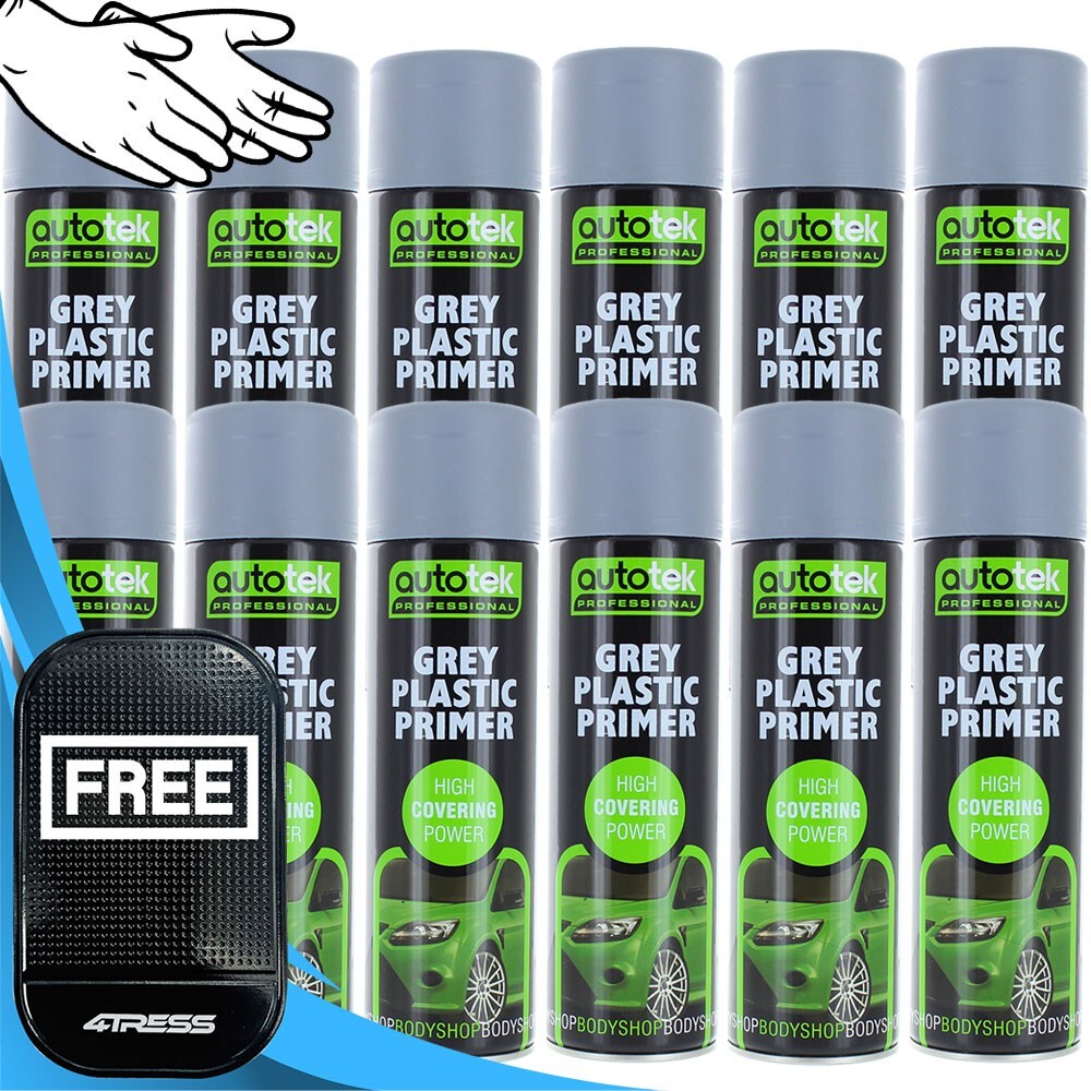 12x500ml AUTOTEK Professional Fast Drying Grey Plastic Primer Spray PPG500+G+M