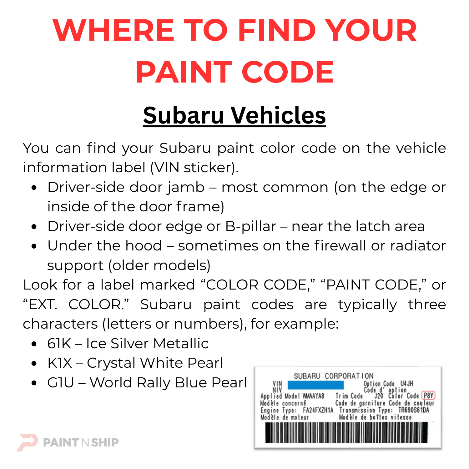 SUBARU Touch Up Paint | Bottles, Aerosol, OEM Color Match