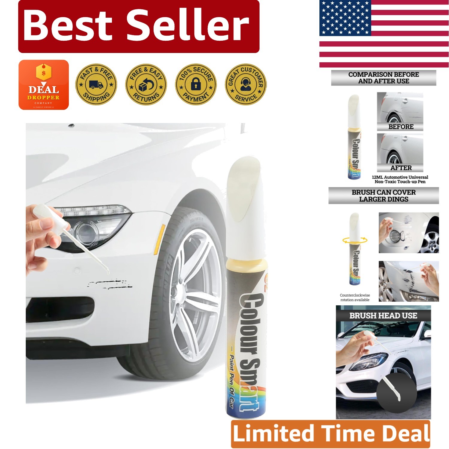 Compact Car Scratch Repair Pen – White Enamel Color with Soft Brush Applicator