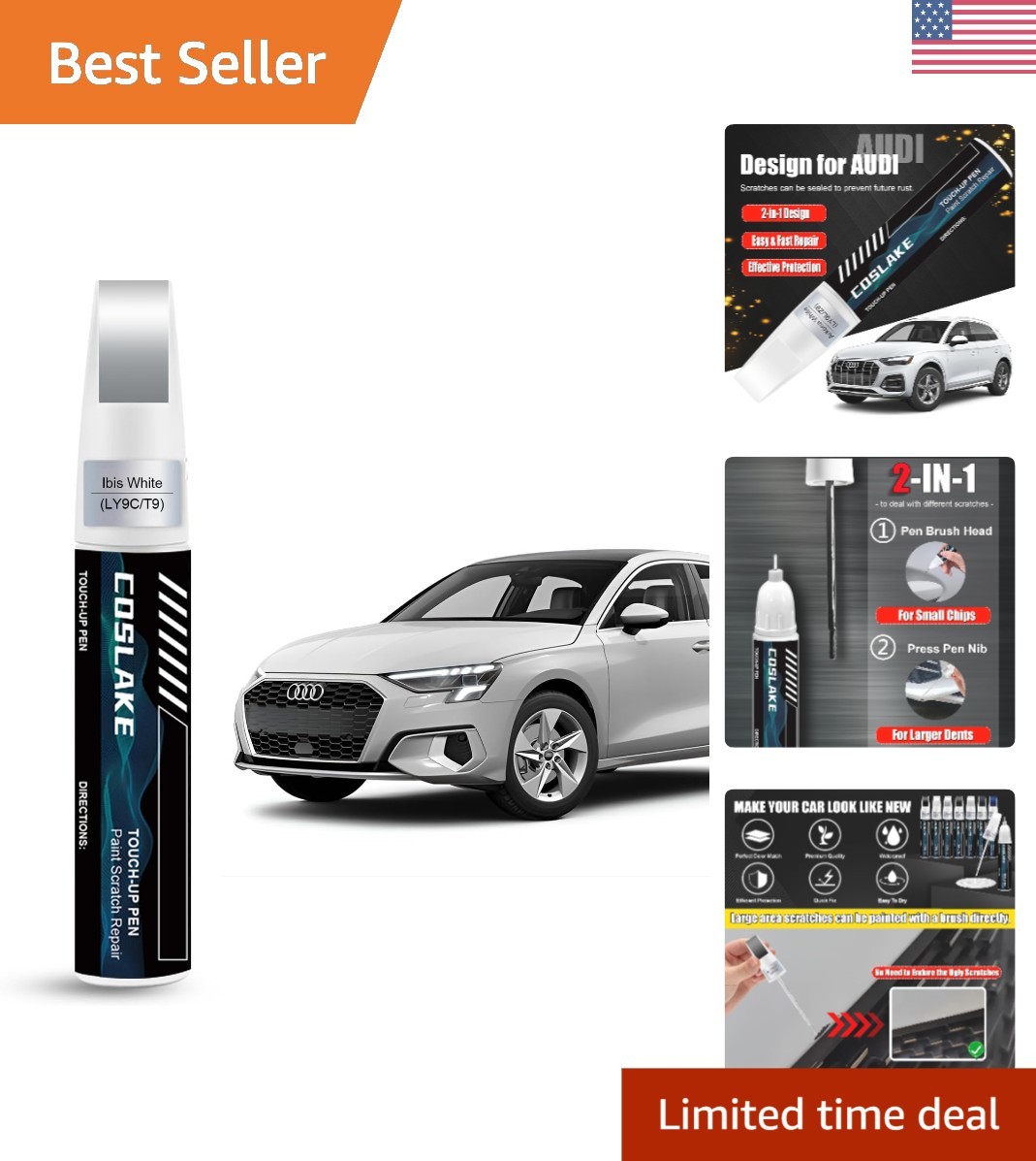 Durable Ibis White Touch Up Paint for Audi – Waterproof 2-in-1 Repair Kit, 12ML