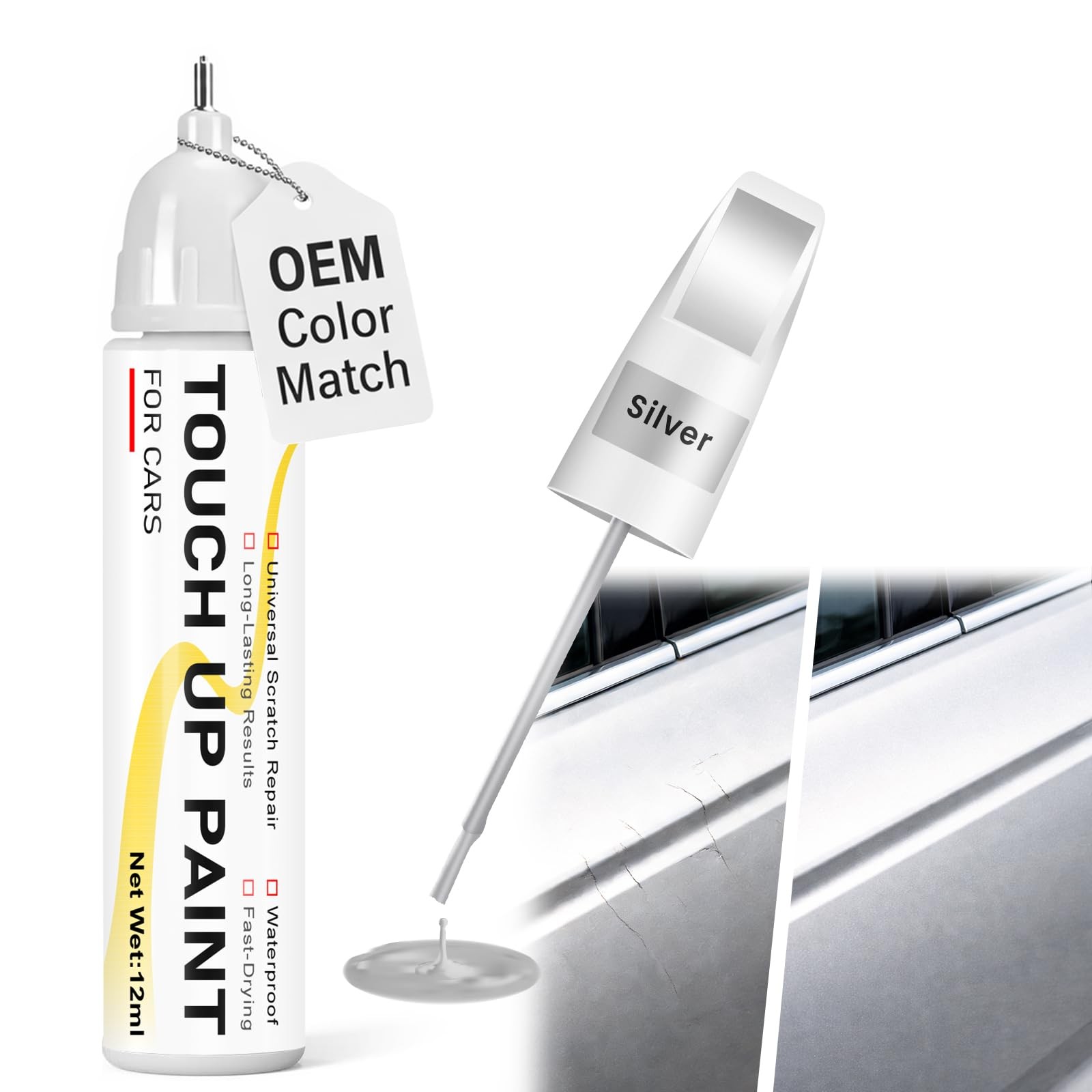 Silver Touch Up Paint for Cars, 2-in-1 Brush & 0.4 Fl Oz (Pack of 1),