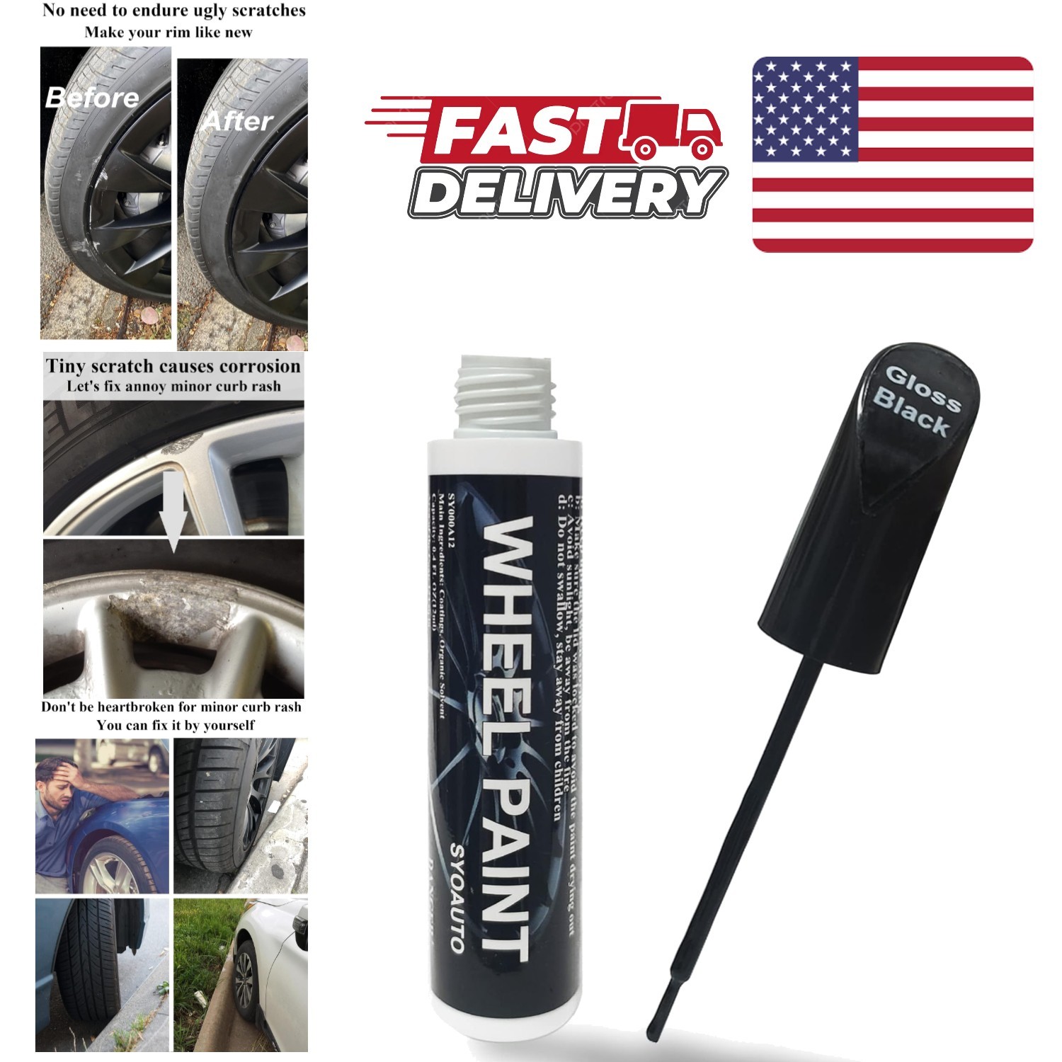 Gloss Black Rim Touch Up Paint Pen Easy Scratch Repair Waterproof Rust Resistant
