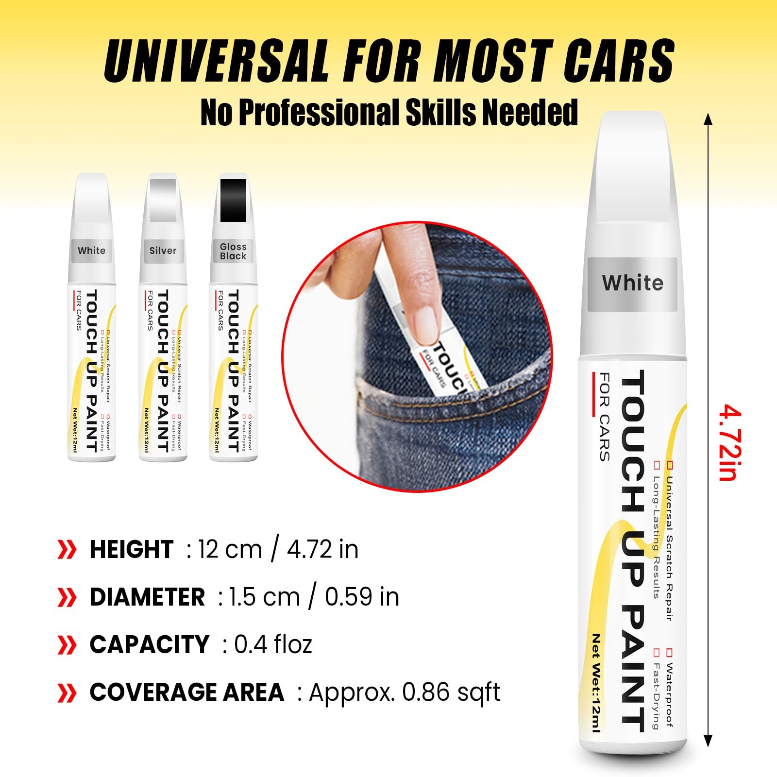 Pure White Touch Up Paint for cars, 2-in-1 Brush 0.4 Fl Oz (Pack of 1),